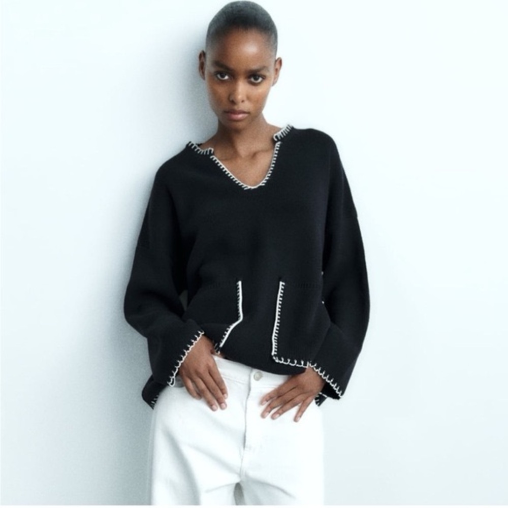 ZARA Woven Heavy Sweater Navy Knit Top w White Stitching Front Pockets V-neck - Picture 4 of 15